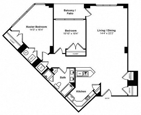 Floor plan for 2 beds, 1 bath, 1003 sqft